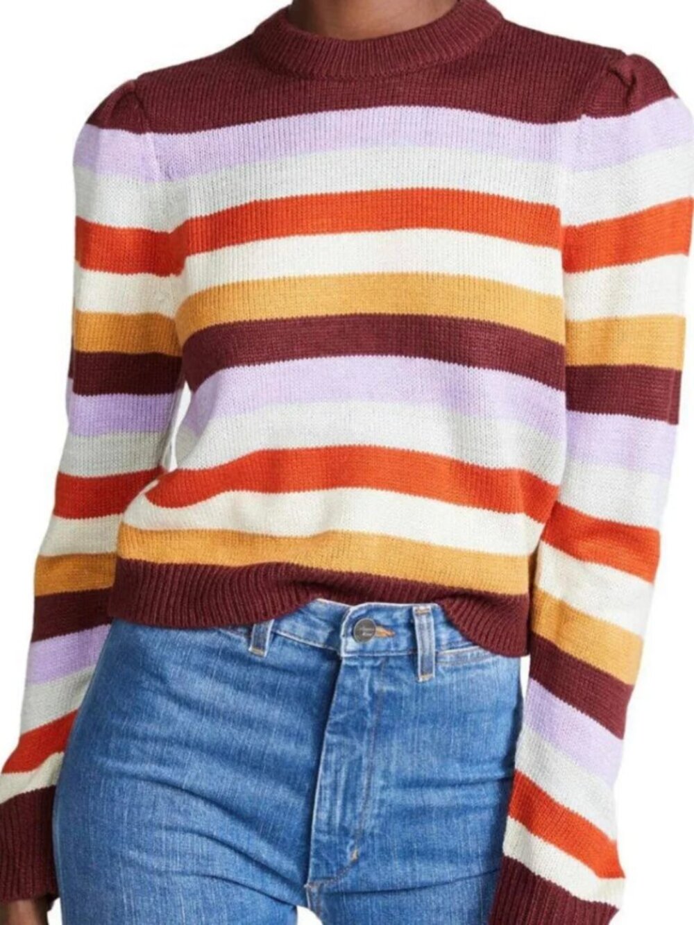 WAYF Striped Puff Sleeve Crew Neck Sweater